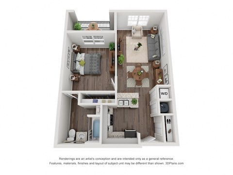 Floor plan for 1 bed, 1 bath, 729 sqft